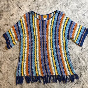 Ruby Rd. Multicolor Knit Poncho Sweater Fringe Hem Boho XL